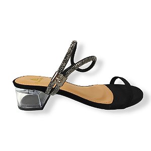 SANDÁLIA SALTO BAIXO CRISTAL E TIRA STRASS - NOBUCK PRETO