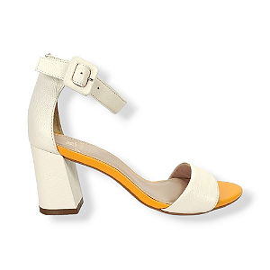 SANDALIA SALTO GROSSO CREME E LARANJA