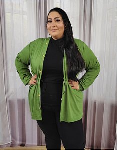 Parka Cardigã em Malha Viscolycra Com Capuz Plus Size