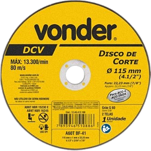 Disco de corte 115,0 mm x 1,0 mm x 22,23 mm, DCV, VONDER