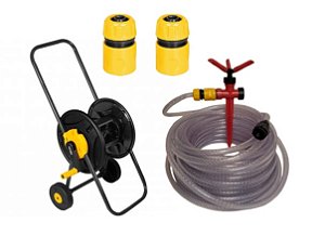 Suporte Enrolador c/Rodas + Mangueira 20m Vonder + Irrigador