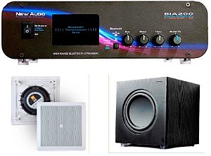 Amplificador New Áudio BIA 200 BT 2.1 Estéreo + Sub 200FD + 1 Par Caixa Gesso JBL