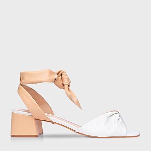 Sandália Duo Twist Lace Up Salto Médio Bloco Em Couro Crema e Branco 155347 Carrano