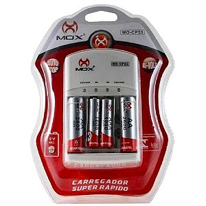 Carregador de pilhas Mox + 2 pilhas AA + 2 pilhas AAA (MO-CP53)