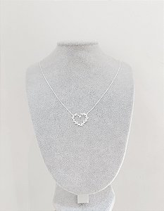 Colar de prata coração folhas 45cm atacado