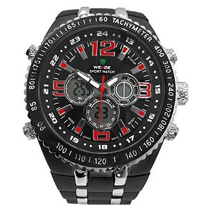 Relógio Masculino Weide AnaDigi WH-1107 - Preto, Prata e Vermelho