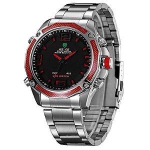Relógio Masculino Weide AnaDigi WH-2306 - Prata e Vermelho