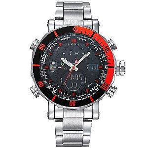 Relógio Masculino Weide AnaDigi WH-5203 - Prata e Vermelho