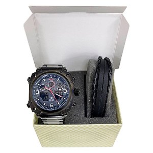Kit Relógio Masculino Weide AnaDigi WH7303B - Preto com Brinde