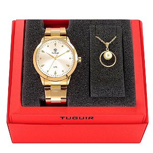Kit Relógio Feminino Tuguir Analógico TG147 Dourado com Brinde