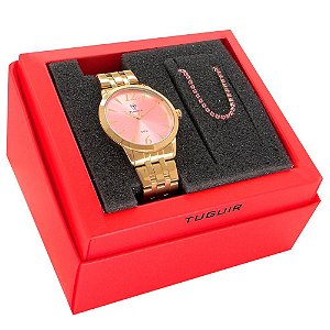 Kit Relógio Feminino Tuguir Analógico TG141 Dourado e Rosa com Brinde