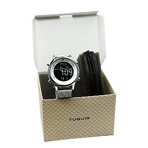 Kit Relógio Masculino Tuguir Digital TG101 Prata com Brinde