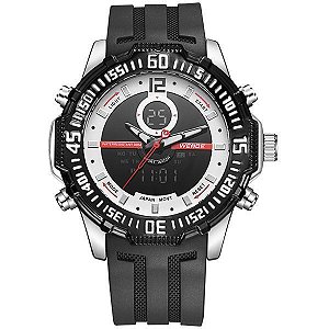 Relógio Masculino Weide AnaDigi WH-6105 - Preto, Prata e Vermelho