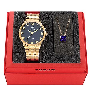 Kit Relógio Feminino Tuguir Analógico 2122 Dourado e Azul com Brinde