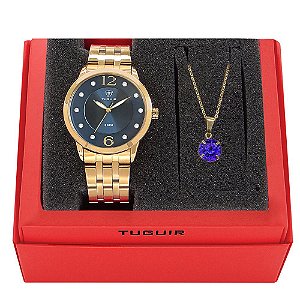Kit Relógio Feminino Tuguir Analógico W2122 Dourado e Azul com Brinde