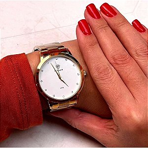 KIT Relógio Feminino Tuguir Analógico TG114B Dourado e Branco com Brinde