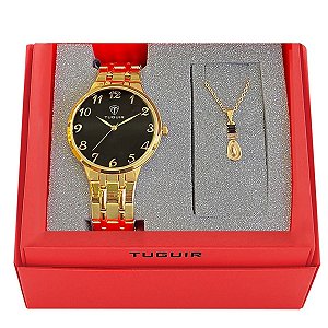 Kit Relógio Feminino Tuguir Analógico W2128TU Dourado e Preto com Brinde