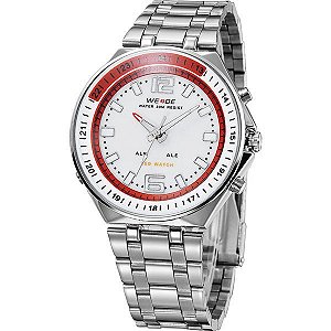 Relógio Masculino Weide AnaDigi WH-849 - Prata, Branco e Vermelho