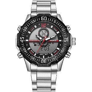 Relógio Masculino Weide AnaDigi WH-6105 - Prata e Vermelho
