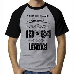 Camiseta Cinza Mescla Raglan O Nascimento das Lendas 40 Anos 50 Anos - Informe o Ano e Idade