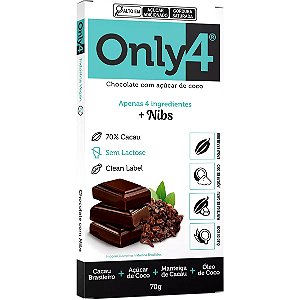 Chocolate Only4 com Nibs Tudo Zero Leite 70g - Vegano