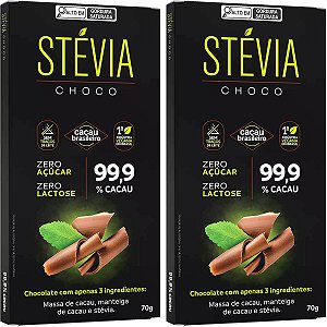 Kit 2 Chocolate Stévia Choco 99,9% Cacau Adoçado com Stévia Tudo Zero Leite 70g