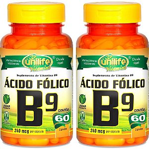 Kit 2 Vitamina B9 Ácido Fólico Unilife 60 cápsulas - Vegano