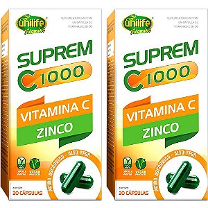 Kit 2 Suprem C 1000 Vitamina C  + Zinco Unilife 30 cápsulas