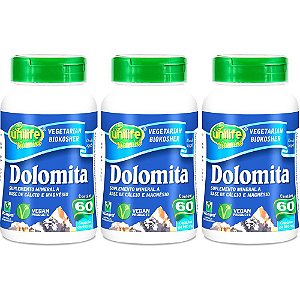 Kit 3 Dolomita Cálcio e Magnésio Unilife 60 cápsulas Vegano