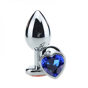 Plug Anal G- Metal Prata - Coração Azul- 9 x 4 cm