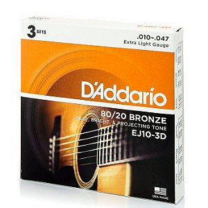 3 Encordoamento Daddario 010 violão aço EJ10-3d EJ10 c/ NF-e