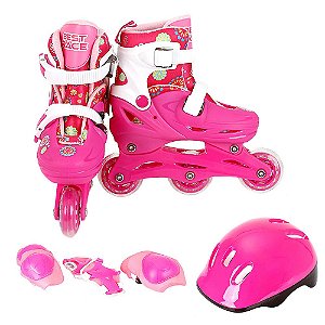 Patins 3 Rodas Inline 28-31 Rosa/Branco Proteção + Capacete