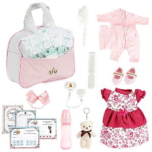 Boneca Bebê Reborn Luxo Rosa Vários Itens E Mochila