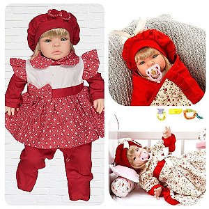 Boneca Reborn Loira  Balone Vermelho 23 Itens Cegonha Dolls