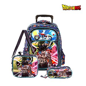 Kit Mochila Azul Infantil Escolar Dragon Ball Z Com Rodinhas