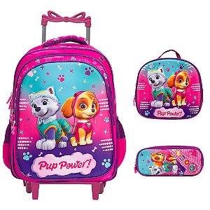 Kit Mochila Escolar Infantil C Rodinhas Patrulha Canina Rosa