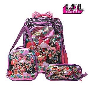 Kit Mochila Escolar Bolsa 3D LOL Rodinha Lancheiras + Estojo