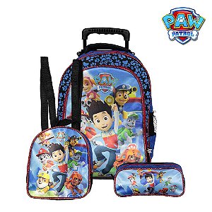 Kit Mochila Escolar Infantil Patrulha Canina Azul de Rodinha