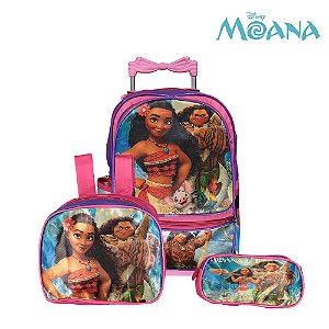 Kit Mochila Escolar Infantil Moana e Maui Disney com Rodinha