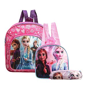 Mochila Escolar Frozen 2 Anna e Elsa Costas Lancheira+Estojo