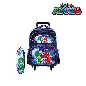 Kit Mochila Escolar Infantil PJ Masks Azul Com Rodinhas