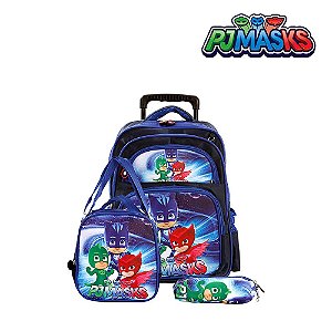 Kit Mochila Escolar Infantil PJ Masks Azul Com Rodinhas