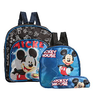 Mochila Escolar Mickey Mouse Costas Kit Lancheira+Estojo