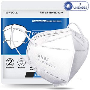 3 Máscaras Respiratórias KN95 Branca WWDoll 5 Camadas Anvisa