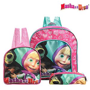 Kit Mochila Escolar Masha E O Urso Menina Rosa Costa