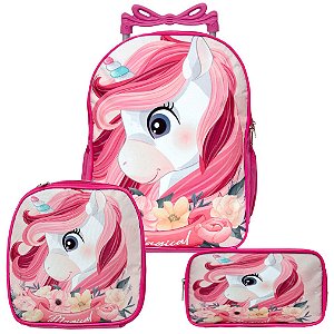 Mochila Infantil Escolar Unicórnio Rodinha Lancheira+Estojo