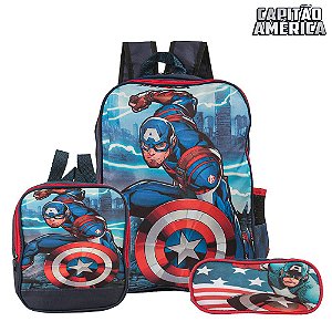 Mochila Escolar Capitão América Costas Kit Lancheira+Estojo