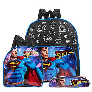 Kit Mochila Escolar Super Homem Herois Meninos Costas