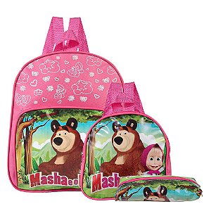 Mochila Escolar Creche Masha e Urso Costa Lancheira+Estojo