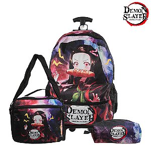 Mochila Escolar Demon Slayer Rodinha Kit Lancheira+Estojo